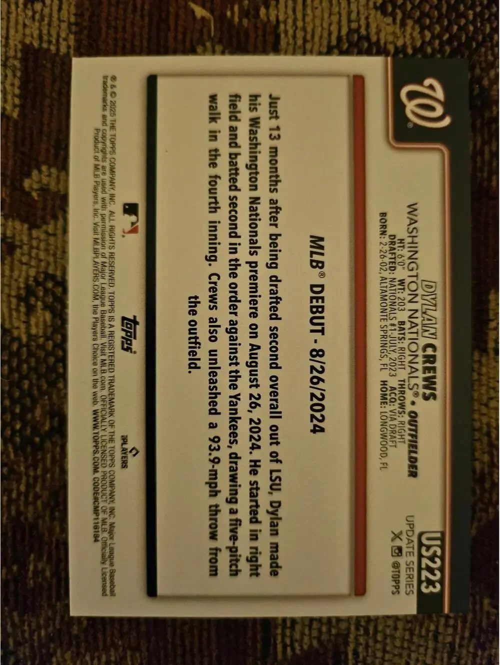 2025 Topps Update - Dylan Crews (RC  #US223 - Nationals - RAW Mint - Picture 2 of 2